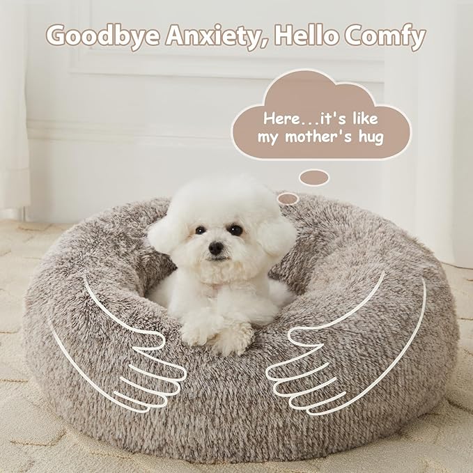 WNPETHOME Calming Dog Bed Cat Bed Donut, Faux Fur Pet Bed Self-Warming Donut Cuddler, Comfortable Round Plush Dog Beds (30 x 30 x 10 Inch, Light Coffee)-Mewly Pet
