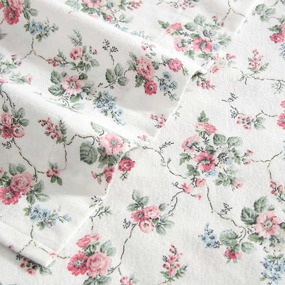 Laura Ashley - Flannel Sheets Twin Size, Anti-Pilling & Wrinkle Resistant Cotton, Touchably Soft for All-Season Comfort - Bed Sheets with Matching Pillowcase & Fitted Sheet (Le Fleur Pink)