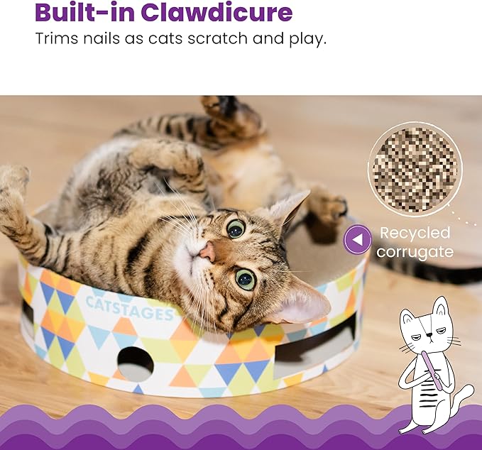 Catstages Bowl Track Scratcher Cat Ball-Track Toy, Corrugated Scratch, and Lounger All-in-One, Two Balls Included for Interactive Play, Multicolored-Mewly Pet