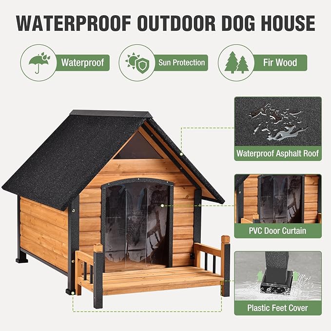 Dog House Outdoor with Anti-Chewing Iron Frame, Weatherproof Dog Kennel with Porch and Raised Feet for Small Medium Large Dogs Indoor (Brown, 45" x 32.9" x 32.6")-Mewly Pet