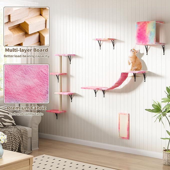 COZIWOW Wall Mounted Cat Furniture, Cat Wall Shelves and Perches, Floating Cat Shelves for Wall Set of 5 (Colorful)
