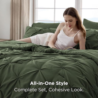 Bedsure Oversized King Comforter Set Olive Green - Bed in a Bag Bedding Set 7 Pieces, GentleSoft™ Pintuck Bed Set Gift for Family, Pinch Pleat Olive Green Comforter with Sheets, Pillowcases & Shams