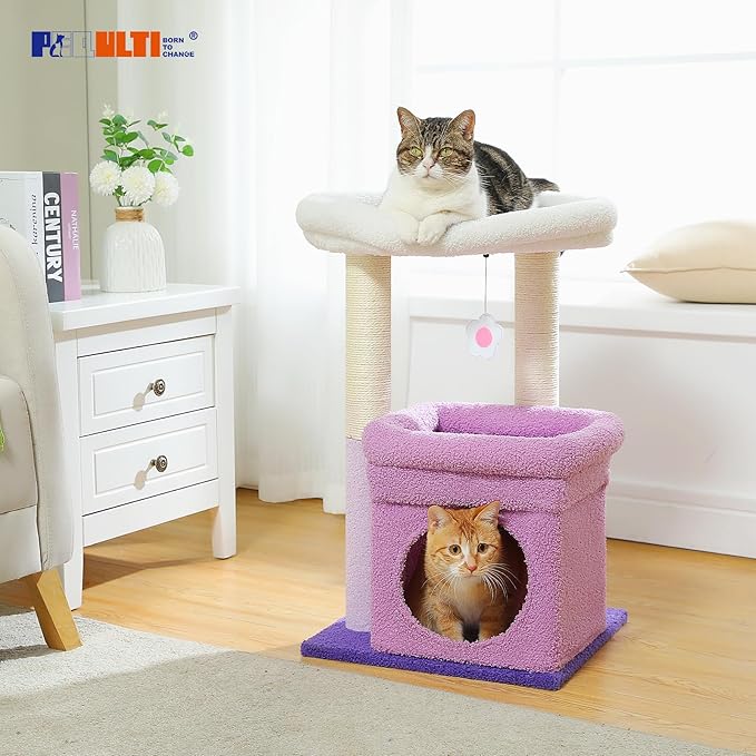 PEQULTI Cat Tree Flower Cat Tower for Indoor Cats with Private Cozy Cat Condo, Natural Sisal Scratching Posts and Plush Pom-pom for Small Cats, Purple-Mewly Pet