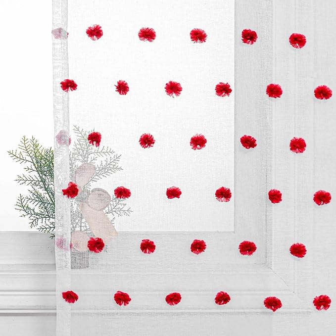 MYSKY HOME Red Pom Pom Curtains for Kitchen 45 Inch Long Bedroom Curtains Christmas Small Windows Light Filtering Sheer Curtains for Nursery Short Cafe Bathroom Privacy Rod Pocket 2 Panels 52 x 45 in
