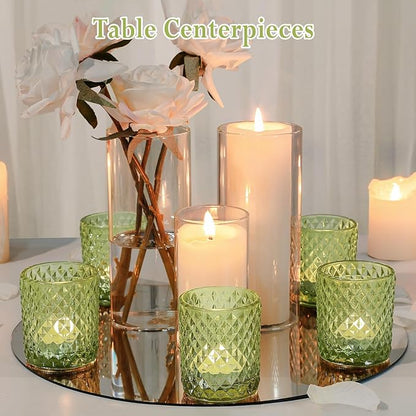 24 Pcs Votive Candle Holders for Wedding, Olive Green Glass Tea Lights Candle Holders for Party Table Decor, Candle Holders Bulk Baby Shower, Vintage Green Depression for Table Centerpiece