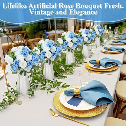 Zeyune 16 Bunches 12 Inch Artificial Mini Rose Bouquet 160 Heads Bridal Flower Bouquets Fake Silk Rose Bulk for Wedding Bridal Shower Christmas Home Office Garden Decoration(White and Blue)