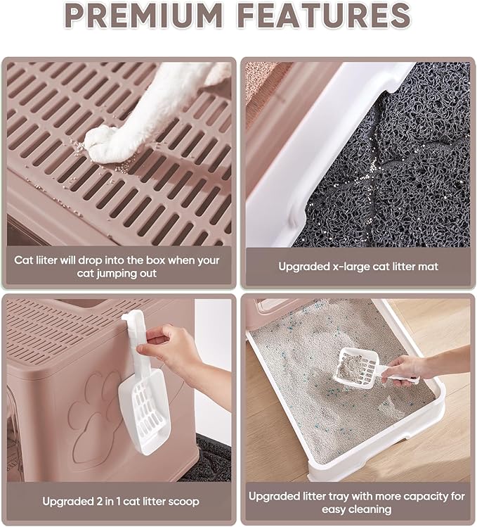 Cat Litter Box with X-Large Litter Mat and Scoop, Large Foldable Litter Box with Lid, Enclosed Kitty Box,Front Top Entry Exit, Odor Control Easy to Clean (Upgrade Coffee)-Mewly Pet