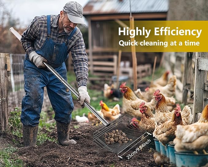 Large Metal Chicken Poop Scooper, Detachable 20 to 63 inches Long Metal Handle, Stainless Steel Chicken Coop Cleaning Tool, Heavy-Duty Pooper Sifting Shovel for Chicken Coop Accessories-Mewly Pet