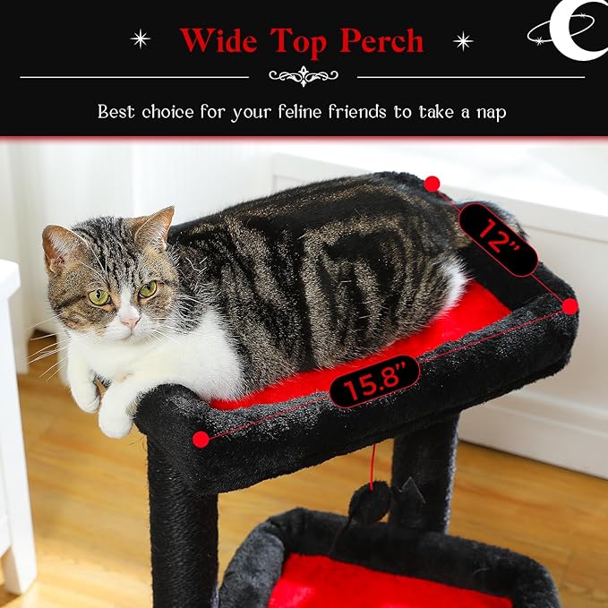 PEQULTI Cat Tree Gothic Cat Tower for Indoor Cats with Private Cozy Cat Condo, Natural Sisal Scratching Posts and Plush Pom-pom for Small Cats Black-Mewly Pet