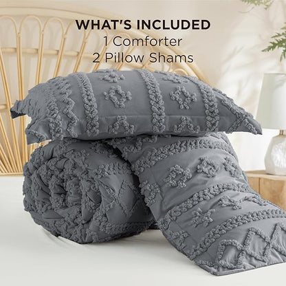 Bedsure Tufted Boho Comforter Set King Size - Grey Boho Bed Set, GentleSoft™ 3 Pieces Farmhouse Shabby Chic Embroidery Bedding, Gifts for Woman, Soft Jacquard King Comforter for All Seasons
