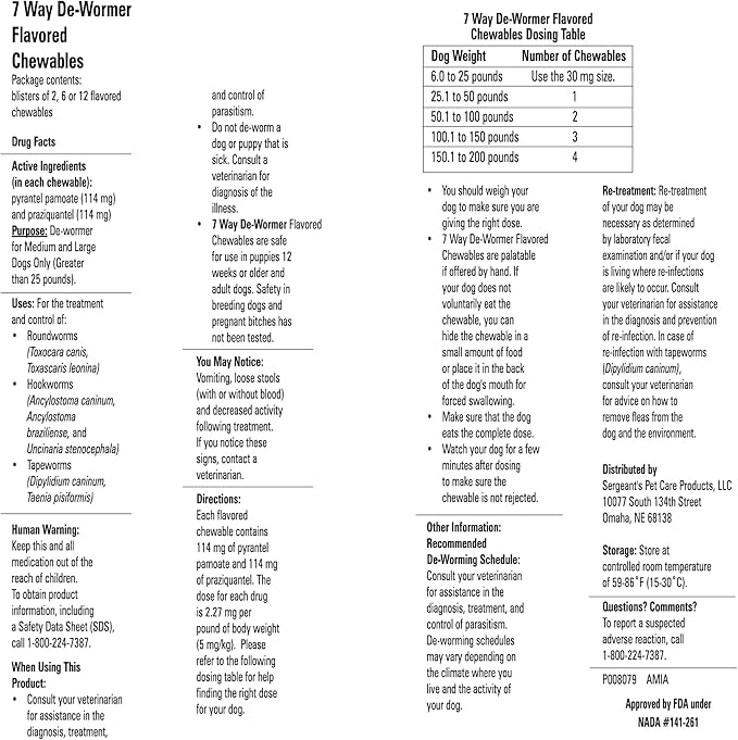 PetArmor 7 Way De-Wormer for Dogs, Oral Treatment for Tapeworm, Roundworm & Hookworm in Large Dogs & Puppies (Over 25 lbs), Worm Remover (Praziquantel & Pyrantel Pamoate), 2 Flavored Chewables-Mewly Pet