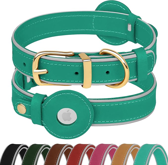 OOPSDOGGY Reflective Geniune Leather Airtag Dog Collar Soft Padded Collars for Small Medium Large Breed Dogs Puppy, 4 Sizes, 7 Colors (Teal, Small, 9"-12")-Mewly Pet