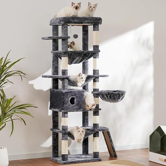 Hey-brother Cat Tree, 69.3-Inches Multi-Level Plush Cat Tower for Indoor Cats with Large Top Perch, Extra Spacious Hammock, 2 Hammocks Ramp, Hanging Ball, Smoky Gray MPJ037G-Mewly Pet