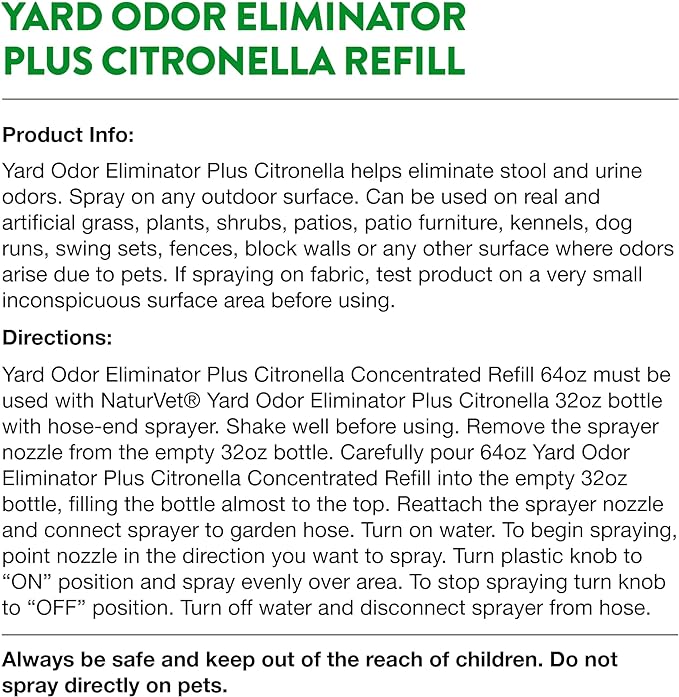 NaturVet – Yard Odor Eliminator Plus Citronella Spray – Eliminate Stool and Urine Odors from Lawn and Yard – Designed for Use on Grass, Patios, Gravel, Concrete & More – 64oz Refill (No Hose Nozzle)-Mewly Pet