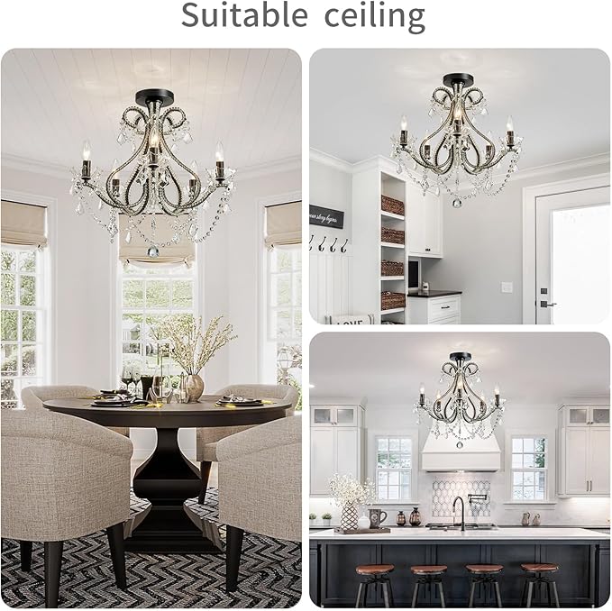 WUZUPS 5-Light Crystal Candle Chandelier Flushmount Ceiling Light Modern Lighting Fixture for Bedroom Hallway Bar Kitchen Bathroom, H 20.9" W 22", E12 Base, Black