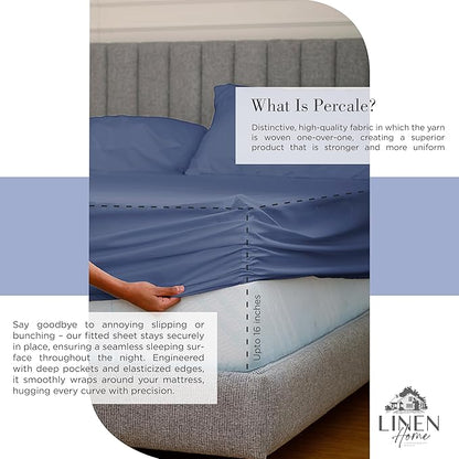 Linen Home 100% Cotton Percale Sheets California King Size,Dark Blue, Deep Pocket, 4 Pieces Set - 1 Flat, 1 Deep Pocket Fitted Sheet and 2 Pillowcases, Crisp Cool and Strong Bed Linen