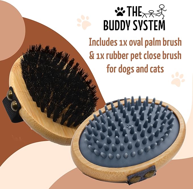 The Buddy System Pet Close Brush, Soft Touch Oval Palm Brush - Bamboo Massage Handheld with Soft Boar Bristles and Elastic Band for Dogs and Cats (2-pack, 1 Brush + 1 Rubber)-Mewly Pet