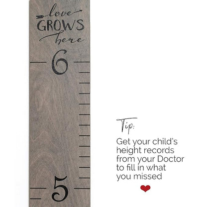 HEADWATERS STUDIO Wooden Growth Chart for Wall - Height Growth Chart for Kids, Kid Height Wall Chart, Height Measurement for Wall, Height Chart for Kids - Love Grows Here, Skinny Grey (63""x5.75"")