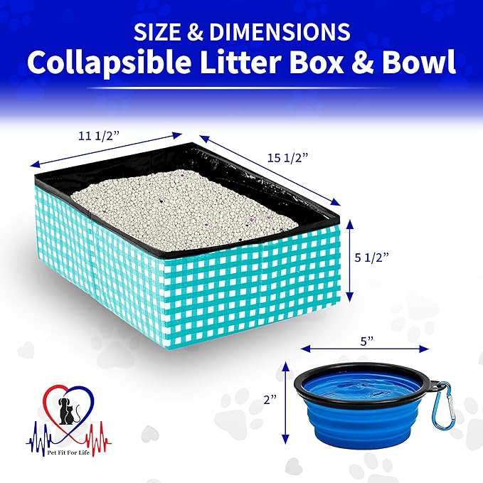 Pet Fit For Life - Vibrant Collapsible Travel Cat Litter Box - Portable, Foldable, Compact Design with Bonus Water Bowl - Ideal for Car & Camping - Reusable, Cats Safe - Teal, (16"x12"x5")-Mewly Pet