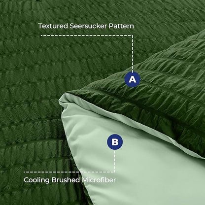 HYMOKEGE Dark Green/Sage Green Twin Comforter Set Seersucker 5 Pieces, All Season Luxury Bed in a Bag for Bedroom, Bedding Set with Comforter, Sheets, Pillowcase & Sham