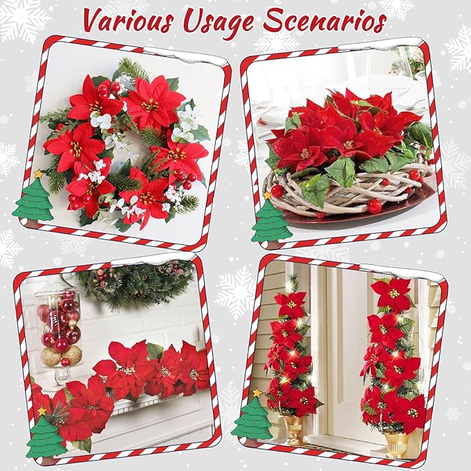 Christmas Decorations - 12 Pack Poinsettias Artificial Christmas Flowers, Fake Red Velvet Artificial Poinsettias Flowers for Christmas Tree Home Party Porch Yard Indoor Outdoor Decor
