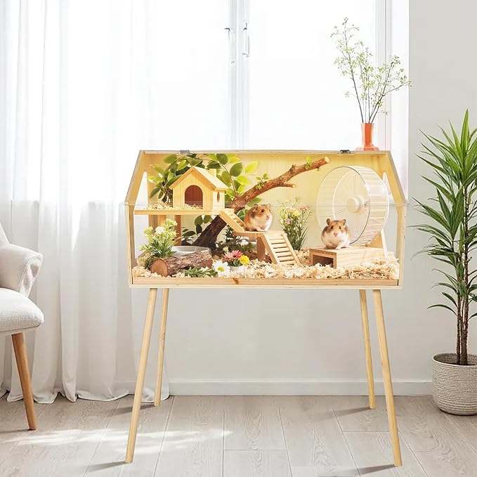 Wooden Hamster Cage with Legs, 32" L x 16" W x 40" H Guinea Pig Cages Chew Proof,Large Hamster Habitats Enclosure with Acrylic Window & Openable Top for Guinea Pig, Chinchilla, Gerbil-Mewly Pet