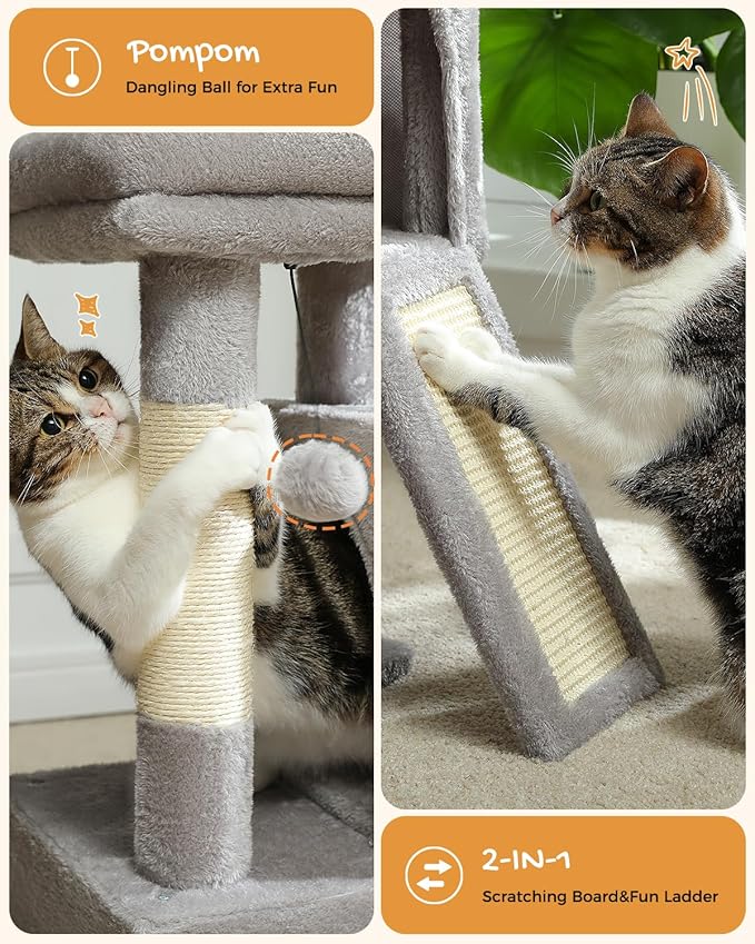 PAWZ Road Cat Tree, 30 Inches Cat Tower with Dual Condos for Indoor Cats, Plush Cat House with Padded Perch, Scratching Ramp and Posts and Replaceable Balls-Gray-Mewly Pet