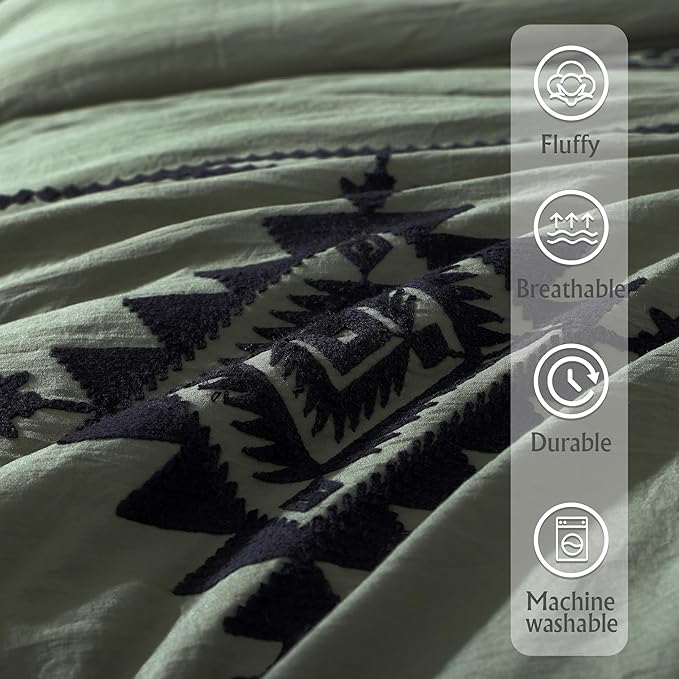 MaiRêve Olive Green Embroidery Comforter Sets Full Size - 7 Piece, Farmhouse Western Boho Comforter Set, All Season Bed in A Bag Full with Sheets, Pillowcases & Shams