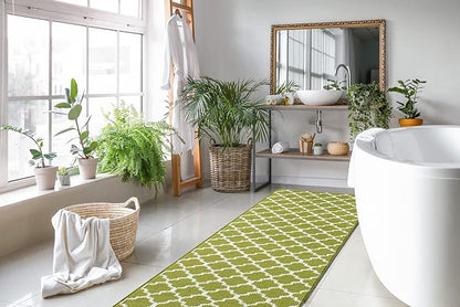 Custom Size Moroccan Trellis Runner Rug Mat for Wide Hallway Entryway Kitchen Laundry Room with Slip Resistant Latex Rubber Backing, Trellis Green, 31 inch X 15 feet