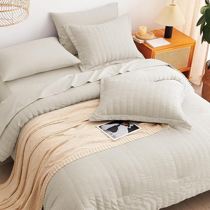 CozyLux Full Size Comforter Sets with Sheets Seersucker 7 Pieces Oatmeal Bed in a Bag Textured Luxury Soft Bedding Set with Down Alternative Comforter, Sheets, Pillowcases & Shams for All Seasons