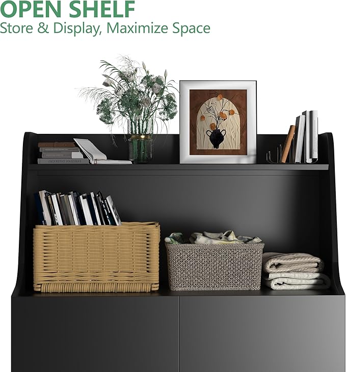 Large/Tall Litter Box Enclosure, Modern Wooden Litter Box Furniture for XL Litterbox with Open Shelf as Sideboard Cabinet (Black)-Mewly Pet