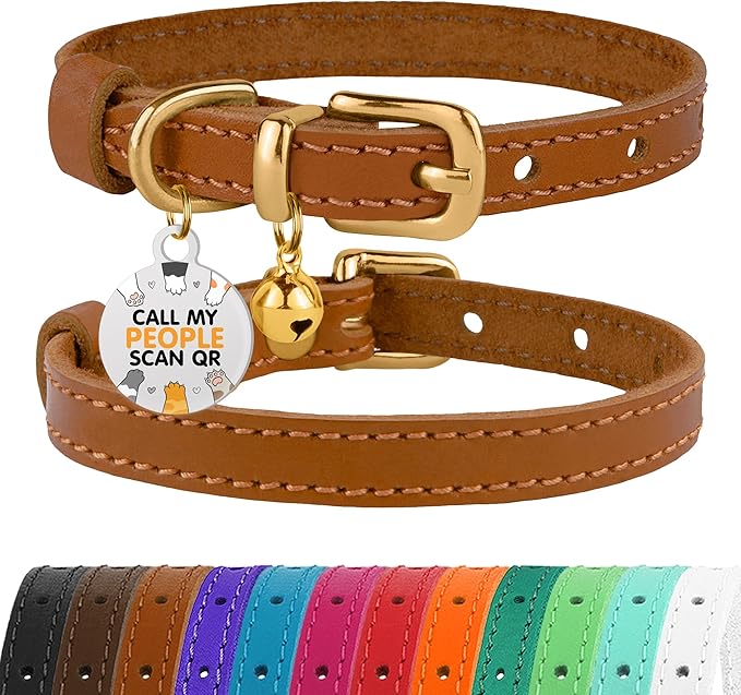 BRONZEDOG Leather Cat Collar with Removable Bells Non Breakaway Kitten QR Tag for Girl Boy (9" - 12" Cats/Mini Dogs, Light Brown & Gold)-Mewly Pet