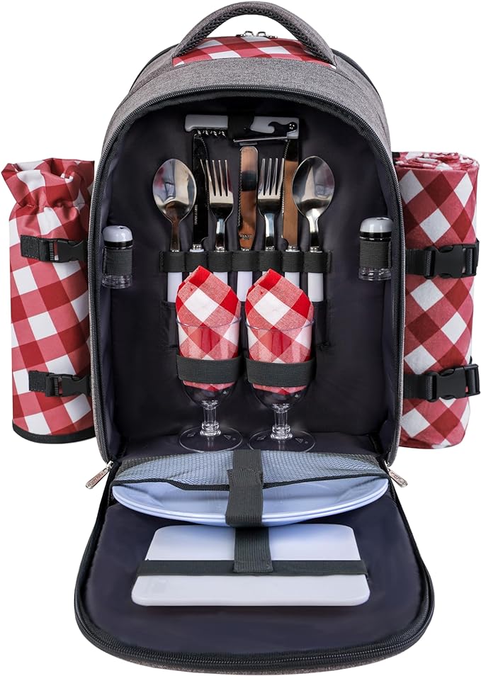 apollo walker Picnic Backpack Bag with Cooler Compartment, Detachable Bottle/Wine Holder, Fleece Blanket, Plates and Cutlery Set (2 Person, Gray)-Mewly Pet