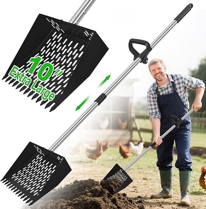 2-in-1 Chicken Poop Scooper & Rake - Adjustable Chicken Coop Scoop with Handle（39、53、67 in），Stainless Steel Shovel Head- Litter Scooper Sand & Sifting Shovel for Chicken Coops-Mewly Pet