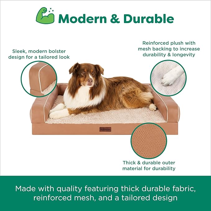 FurHaven Orthopedic Dog Sofa Bed – Memory Foam Couch with Bolsters, Textured Plush & Water-Resistant Cover, Washable Cover, Joint Support - Camel, Large-Mewly Pet