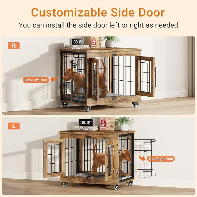 Lulive Small Dog Crate Furniture, Dog Kennel Indoor Double Doors Wooden Dog Cage, 27.1'' Heavy Duty Dog Crate with Cushion & Wheels, Decorative End Table Pet House Chew-Resistant for Small Dogs, Brown-Mewly Pet