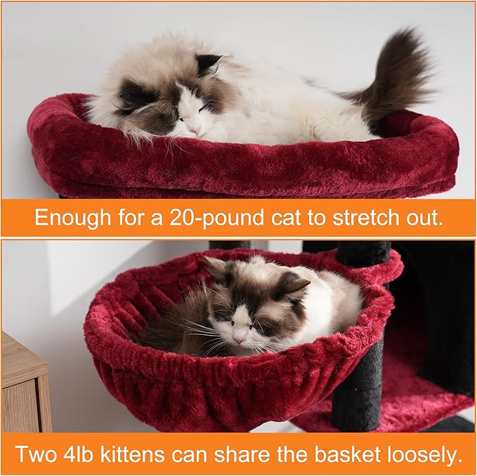 Heybly Cat Tree, 68 inch Multi-Level Cat Tower for Indoor Cats, 2 Widened Plush Perches Cat Condo with Scratching Board and Big Caves, Black and Red HCT025BR-Mewly Pet