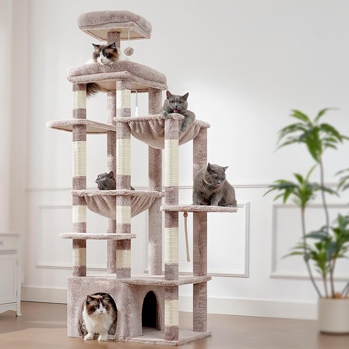 Heybly Heavy Duty Cat Tree, 71-Inch Tall Tower for Large Maine Coon with Extra-Large Baseboard, Cat Condo Furniture with Multi-Level Platforms, 2 Hammocks and 12 Scratching Posts, Muchroom HCT037MU-Mewly Pet