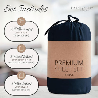 Linen Market Brushed Microfiber Queen Sheet Set 4 Piece – Oeko-TEX Certified Ultra Soft & Wrinkle-Free - 16" Deep Pocket Sheets - Easy Care Queen Size - Navy
