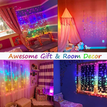 Rainbow Fairy String Curtain Lights with Remote, Twinkle LED Ombre Light Curtain for Girls Room, Bedroom, Teen Room, Kid's Room, Unicorn Theme, Party, Christmas Décor Gift (Rainbow)