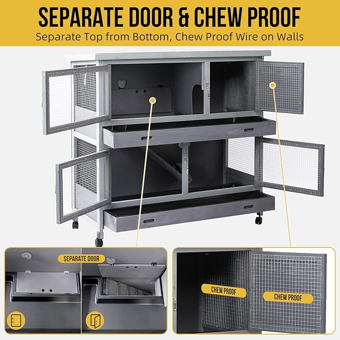 Rabbit Hutch Bunny Cage Indoor Outdoor with Wheel Deeper Tray Chew Proof Guinea Pig Cages 2 Decks Large Rabbit House with 4 Wooden Doors Weatherproof 41.3" L*17.3" W*41.3" H-Mewly Pet