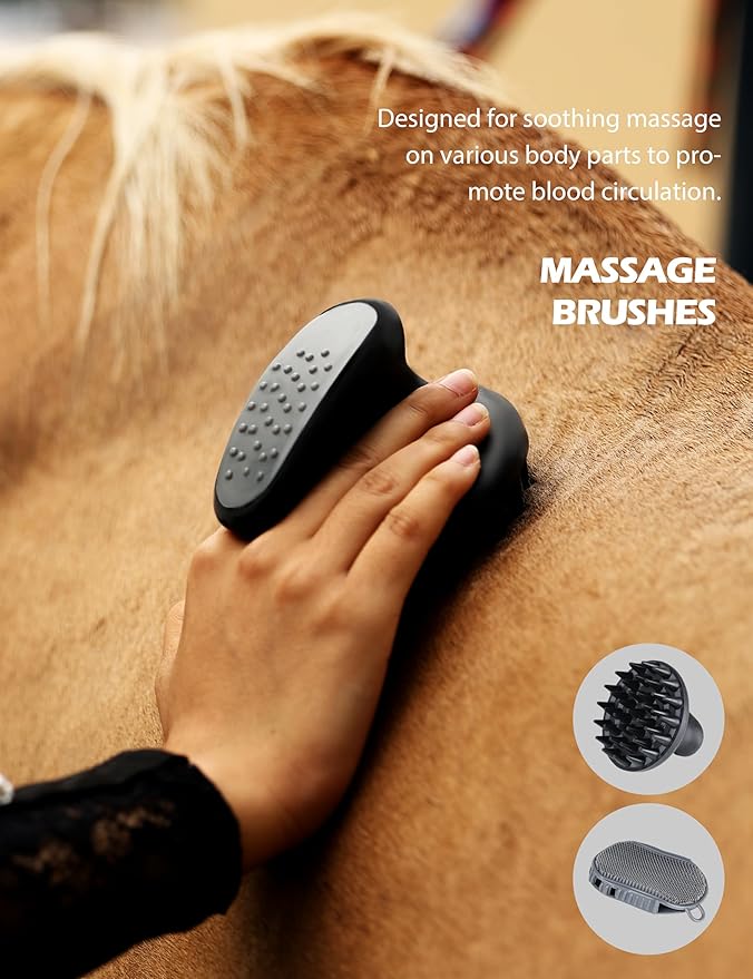 Harrison Howard Horse Grooming Kit 11-Piece Equine Care Series Horse Brush Sets with Organizer Tote Bag Tack Room Supplies Shedding Grooming Massaging Tools Black Brushstroke Ponies-Mewly Pet