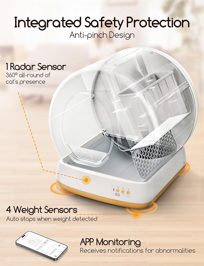 MeoWant Self-Cleaning Cat Litter Box, Advanced Safety System Automatic Cat Litter Box Perfect for Multi Cats, Extra Large/Odor Control/APP Control Smart Cat Litter Box with Mat & Liner, Yellow-Mewly Pet