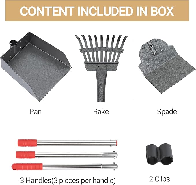 Heeyoo Dog Pooper Scooper, Dog Poop Tray and Rake Set, Pet Waste Removal Scoop with Long Adjustable Sectional Stainless Handles-Mewly Pet