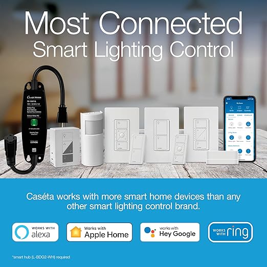 Lutron Caseta Original Smart Light Switch (Lutron Smart Hub Required), for Home, LED, and Fans, 6 Amp, Single-Pole/3-Way, Neutral Required, PD-6ANS-LA-2-Pack, Light Almond, 2 Pack
