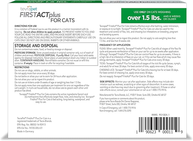 TevraPet FirstAct Plus Flea and Tick Topical for Cats over 1.5lbs, 3 Dose Waterproof Flea and Tick Control/Prevention for 3 Months-Mewly Pet