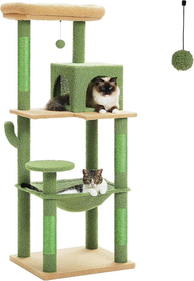 PETEPELA 56.3'' Tall Cat Tree for Indoor Cats, Cactus Cat Tower with Super Large Hammock (20''X16''), Sisal Covered Scratching Posts, Cozy Condo and Top Perch Green-Mewly Pet