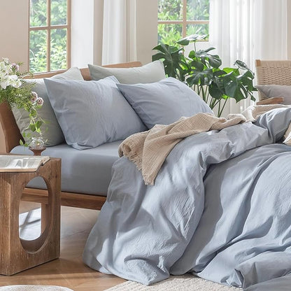 MooMee Bedding Duvet Cover Set 100% Washed Cotton Linen Like Textured Breathable Durable Soft Comfy (Heathered Cornflower Blue, Queen 90"x90")