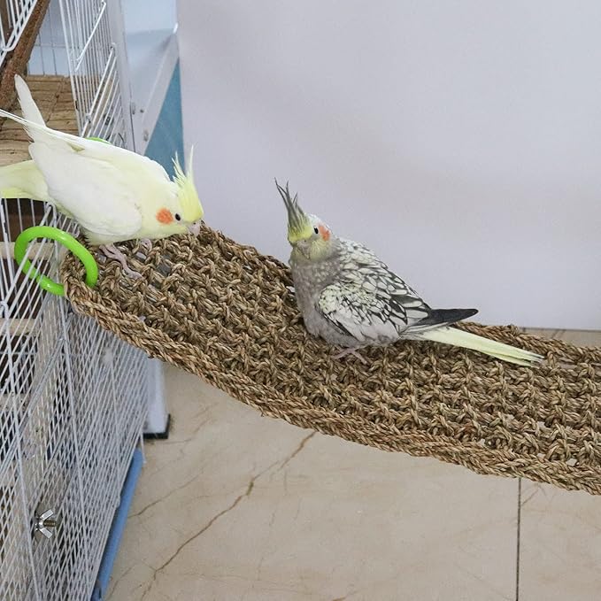 39 x 7 Inches Seagrass Mat, Natural Seagrass Woven Net, Bird Hammock Mat with Hooks, Cage Accessories, Climbing Rope Ladder Chew Toys for Cockatiel, Hamster, Guinea Pig, Rats, Parakeet-Mewly Pet