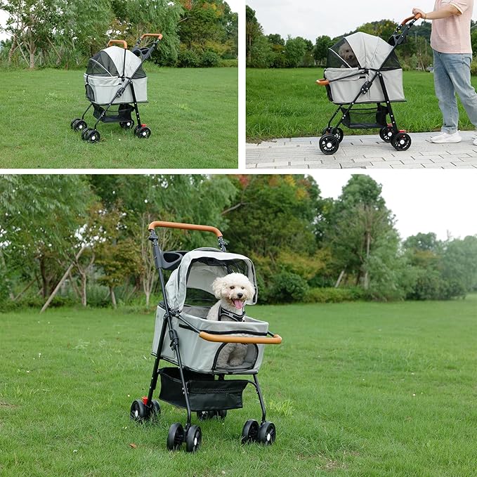 Pet Stroller with Storage Basket and Cup Holder, Folding Dog Jogger, Foldable Cat Stroller, 3 in 1 Puppy Kitten Cart, Pet Jogger for Medium Dog Cat (Gray)-Mewly Pet